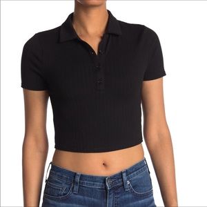 Abound Nordstroms Black Cropped Ribbed Short Sleeve Polo Top